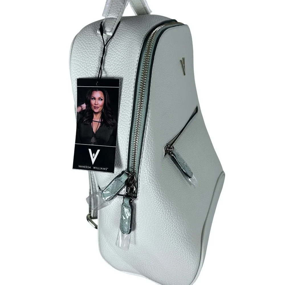 Vanessa Williams Womens White Pebble Leather Mini Backpack‎ V Logo Front Zip